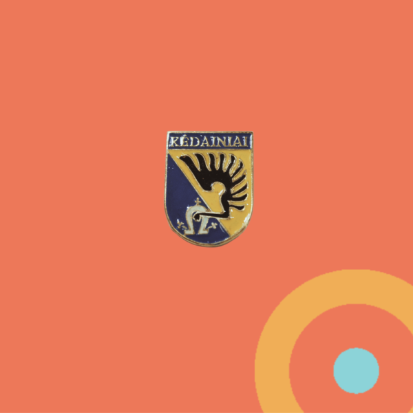 Kėdainių miesto herbo ženkliukas įsisegimui į rūbus. Ženkliukas metalinis, su užrašu Kėdainiai, mėlynai geltonas. Pavaizduota pasaga ir erelio sparnas.